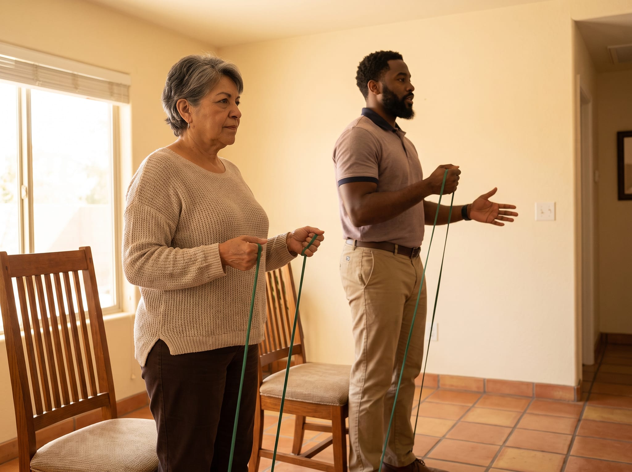 A caregiver reading a printed training booklet with an older parent in the background